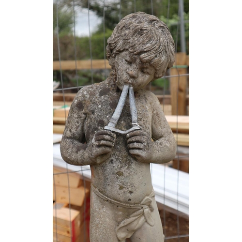 560 - Flute playing stone boy figure on base - Approx height: 135cm