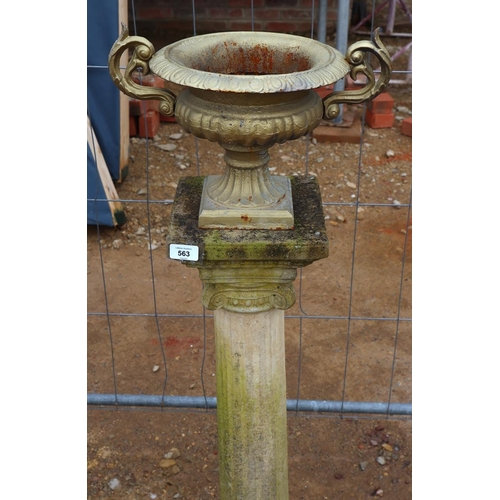 563 - Small pair of cast iron pedestal planters on stone column bases - Approx height: 105cm