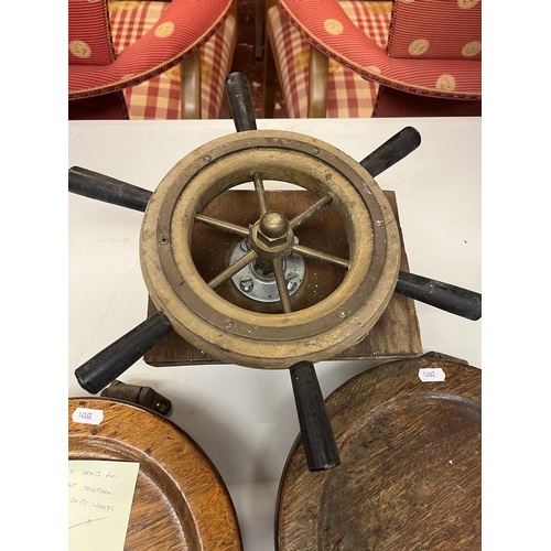 639 - 2 wooden dickie seats for a boat together with a ships wheel