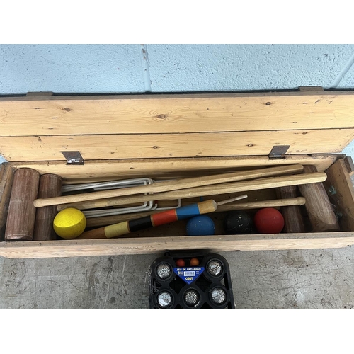 716 - Vintage garden croquet set together with French boule set