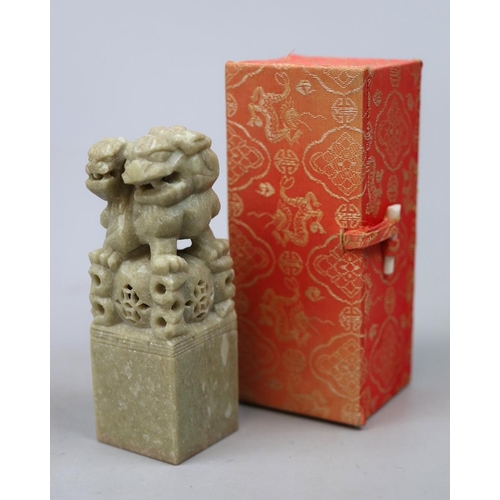 170 - Carved soapstone peace stamp depicting Dogs of Foo