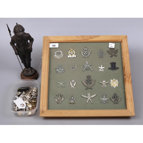 180 - Collection of framed and loose military badges and buttons together with a model of a knights armour