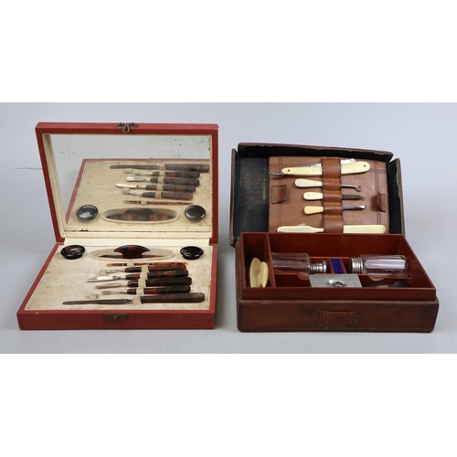 204 - Vintage leather cased gents vanity set & ladies faux tortoise shell manicure set