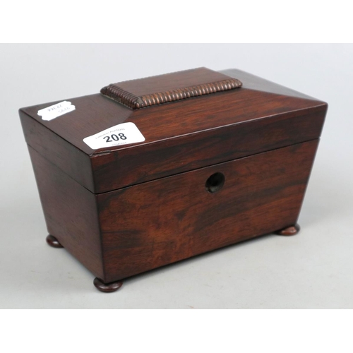 208 - Antique mahogany sarcophagus tea caddy with bun feet