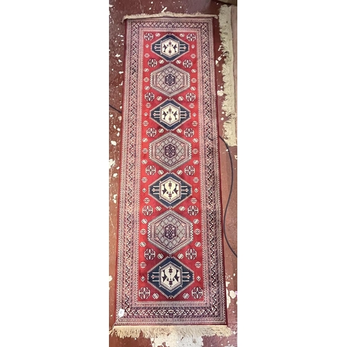 268 - Belgian red pattered runner - Approx 230cm x 68cm