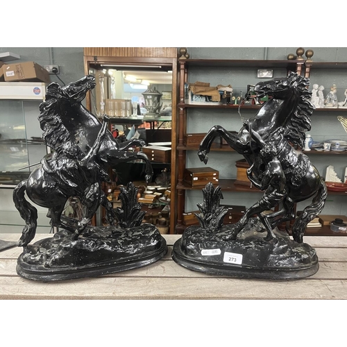 273 - 2 spelter marly horse & groom statues A/F - Approx height: 41cm