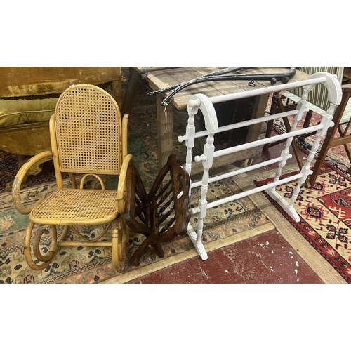 303 - Wicker and bamboo childs rocking chair together with a folding magazine rack and painted towel rail