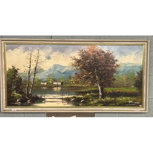 316 - Large framed oil on canvas river and mountain scene indistinct signature - Approx image size: 127cm ... 