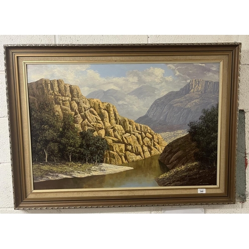 349 - R C Roelofsz oil on board - Mountain scene - Approx image size: 90cm x 60cm