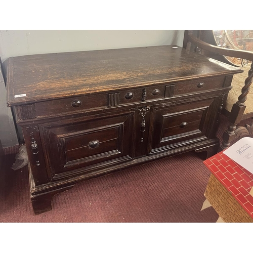 374 - 18th century oak panel fronted coffer with applied moldings - Approx size: W: 112cm D: 61cm H: 59cm