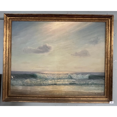 381 - Oil on canvas of a coastal scene indistinct signature - Approx image size: 89cm x 69cm