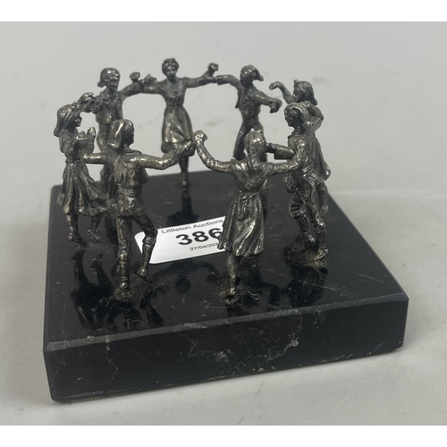 386 - Folk dancing metal figures on marble base