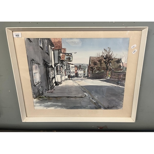 432 - Watercolour, pen and ink - The Old High Street Bishops Stortford 1979 - Approx image size: 49cm x 39... 