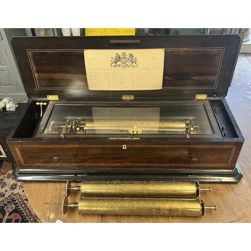 435 - Fine Antique mandoline pin and comb music box together with 2 extra cylinders