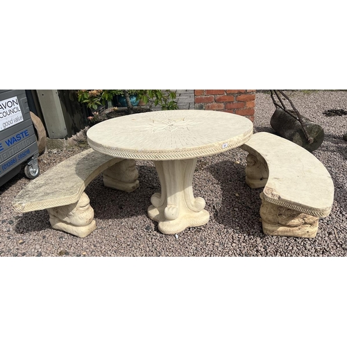 491 - Large circular stone table with 2 benches