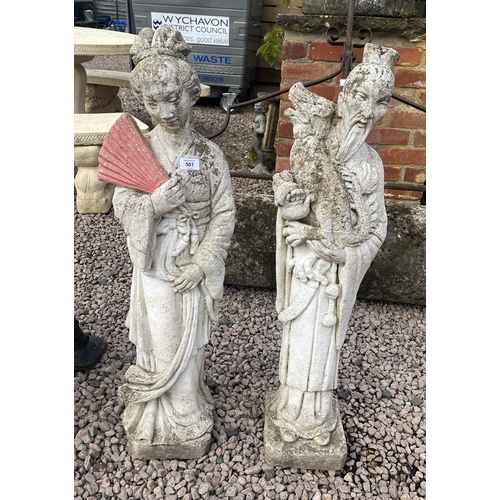 501 - 2 stone figures - Oriental man and lady - Approx height: 97cm