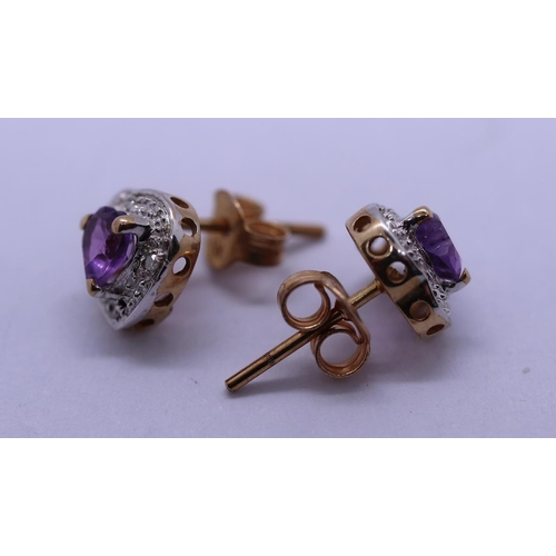 69 - 9ct gold amethyst & diamond heart shape earrings
