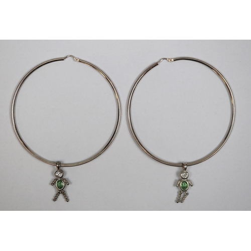 86 - Pair of large silver stone set hoop earrings