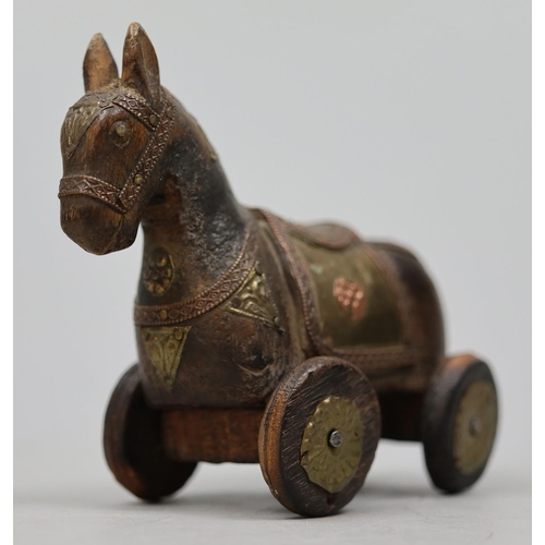 117 - Vintage carved wooden Rajasthani horse on wheels