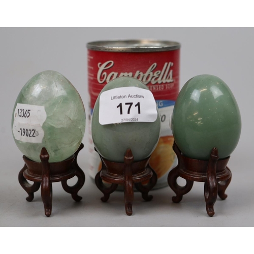 171 - 3 stone eggs on stands - 2 possibly jade