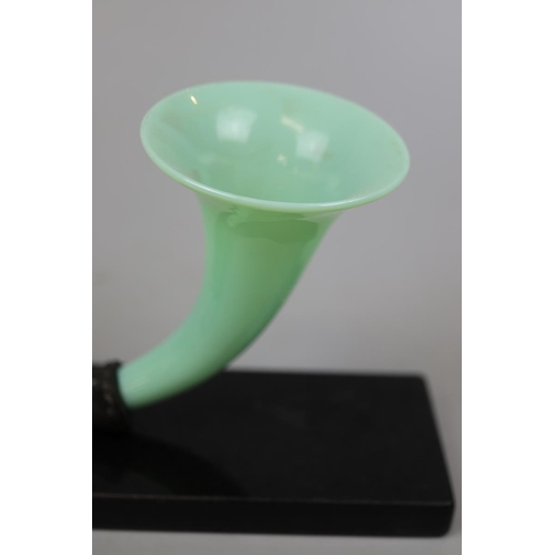 178 - Green glass cornucopia vase on marble base