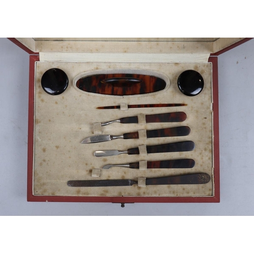 204 - Vintage leather cased gents vanity set & ladies faux tortoise shell manicure set