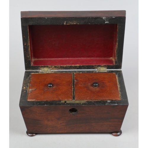 208 - Antique mahogany sarcophagus tea caddy with bun feet