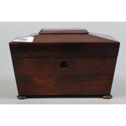 208 - Antique mahogany sarcophagus tea caddy with bun feet