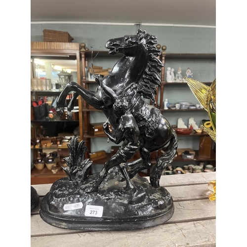 273 - 2 spelter marly horse & groom statues A/F - Approx height: 41cm