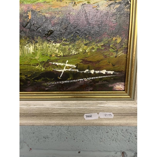 316 - Large framed oil on canvas river and mountain scene indistinct signature - Approx image size: 127cm ... 