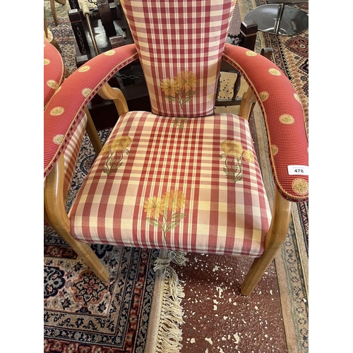 478 - Set of six maple framed upholstered armchairs. Each chair cost £600 new.