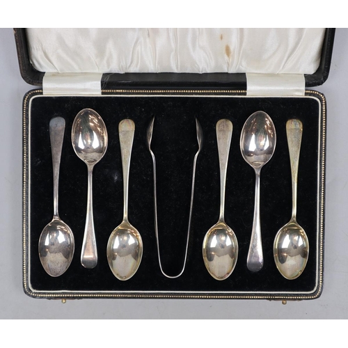 6 - Cased set of 6 silver spoons together with sugar tongs - Approx weight 93g