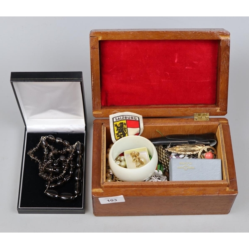 103 - Collection of costume jewellery to include silver in a wooden box