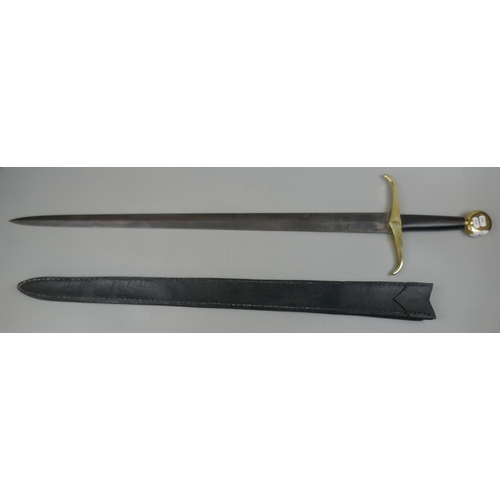 139 - Hand and half type replica sword, Good quality - forged steel and brass with leather handle and scab... 