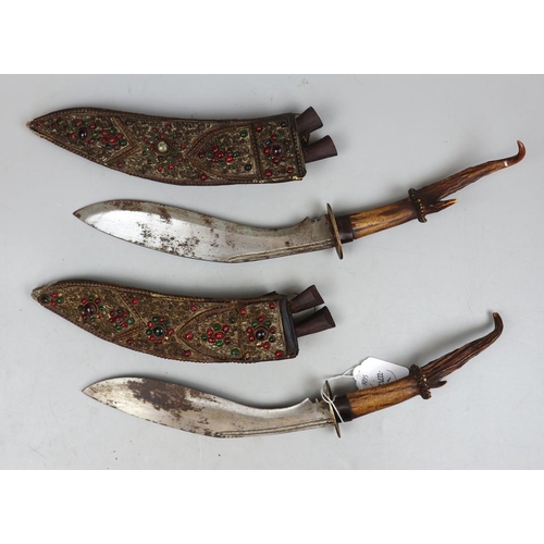 177 - 2 antique antler handled Kukri's with jewel encrusted scabbards