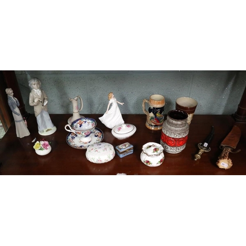 190 - Shelf of collectables to include Royal Doulton, daggers, West German vase etc