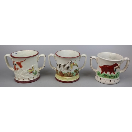 201 - 3 Staffordshire two handled mugs with frogs inside
