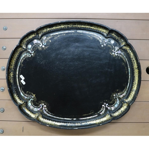 205 - 3 trays to include paper mâché inlaid with mother-of-pearl