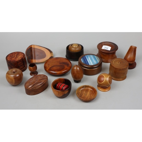 212 - Various treenware to include lignum, ebony & burr wood