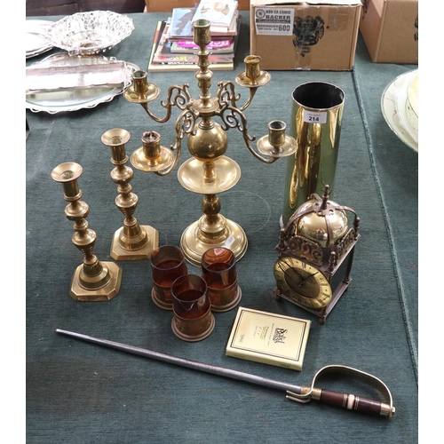 214 - Collection of brass to include clock, candlestick etc