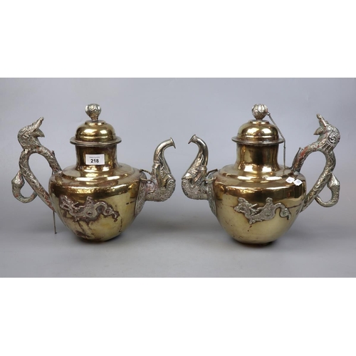 218 - Pair of C19th Tibetan yak butter teapots adorned with dragons - Approx height: 28cm