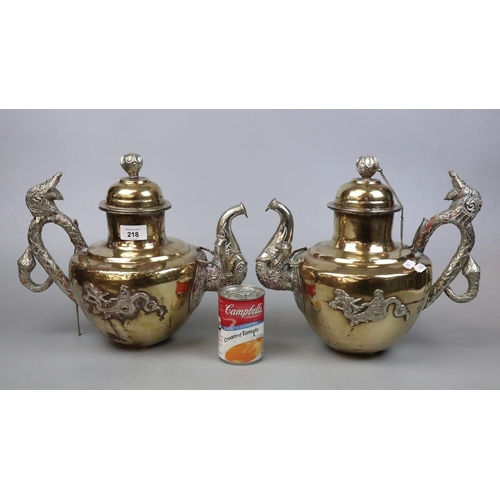 218 - Pair of C19th Tibetan yak butter teapots adorned with dragons - Approx height: 28cm