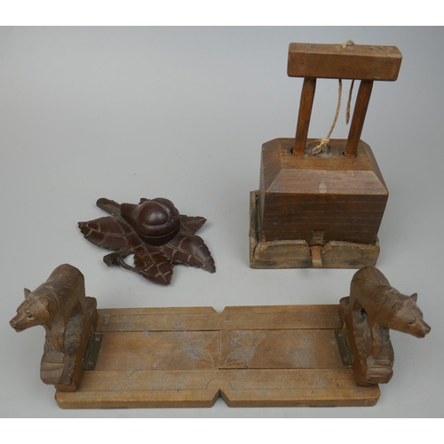 259 - Woodenware to include Black Forest carvings and vintage mousetrap