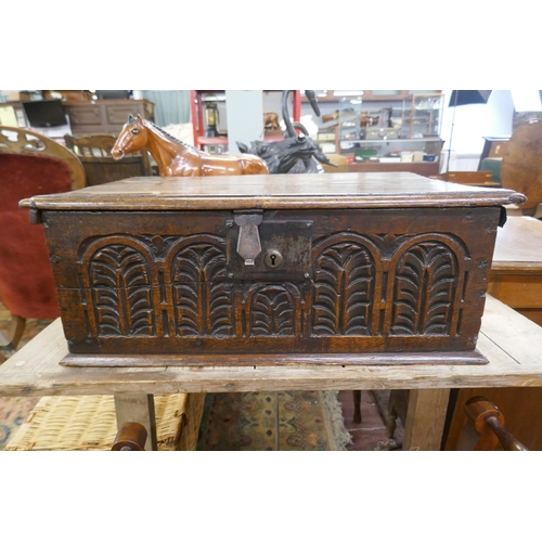 278 - Early carved oak bible box - Approx size: W: 59cm D: 38cm H: 22cm