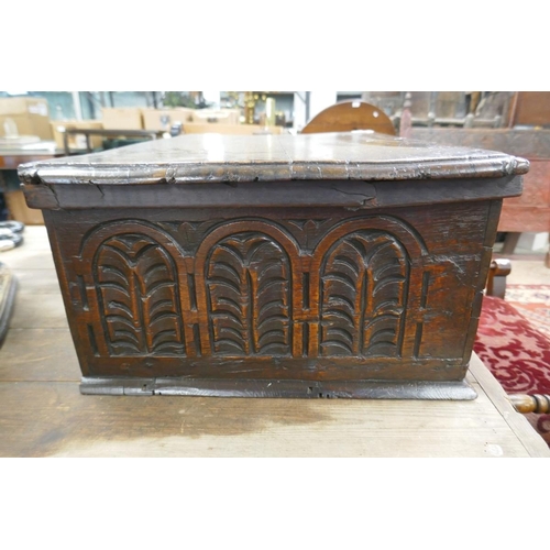 278 - Early carved oak bible box - Approx size: W: 59cm D: 38cm H: 22cm