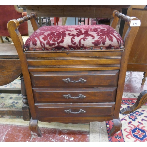 279 - Mahogany upholstered piano stool with drawers