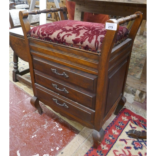 279 - Mahogany upholstered piano stool with drawers