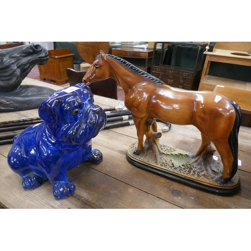 282 - Terracotta salt glazed bulldog together with a ceramic horse figure