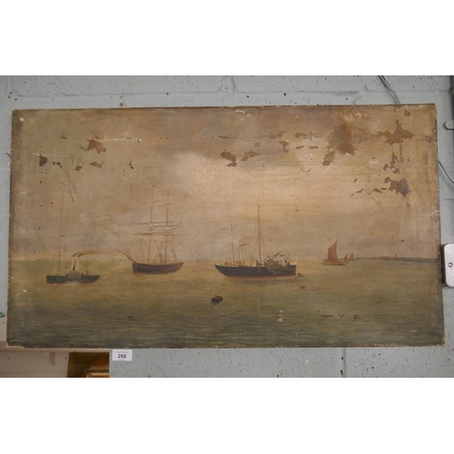 298 - Antique oil on canvas of boats - Approx image size: 81cm x 46cm