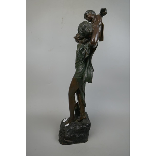 373 - 1930's Art Nouveau bronze maiden with winged cherub - Approx height: 61cm